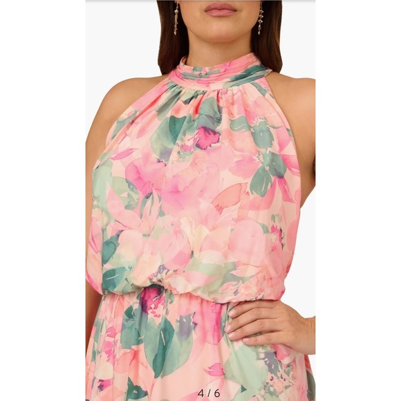 Adrianna Papell Pink Floral Halter Knee Length Chiffon Dress Sleeveless Tie - Picture 4 of 6